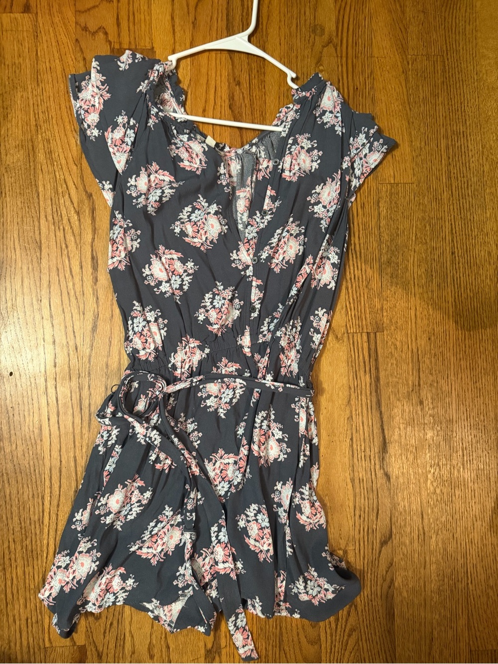 LOFT Xl Slate Blue Floral Wrap Romper with Pink Accents
